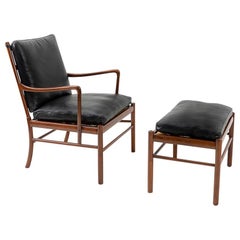 Vintage Danish Design Colonial Lounge Chair and Ottoman, by Ole Wanscher, 1950s
