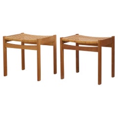 Vintage Danish Design Oak and Rattan Pair of Footstools, Scandinavian Modern