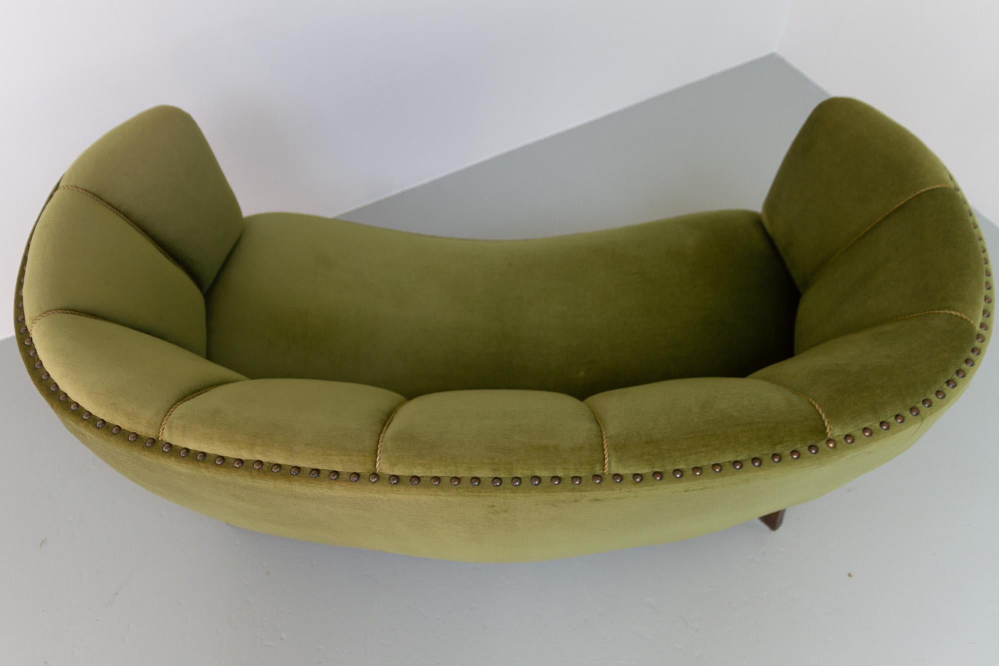 Vintage Danish Emerald Green Velvet Art Deco Banana Sofa, 1940s 5