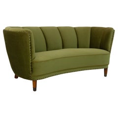 Vintage Danish Emerald Green Velvet Art Deco Banana Sofa, 1940s