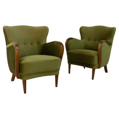 Vintage Danish Emerald Green Velvet Art Deco Lounge Chairs, 1940s, Set of 2