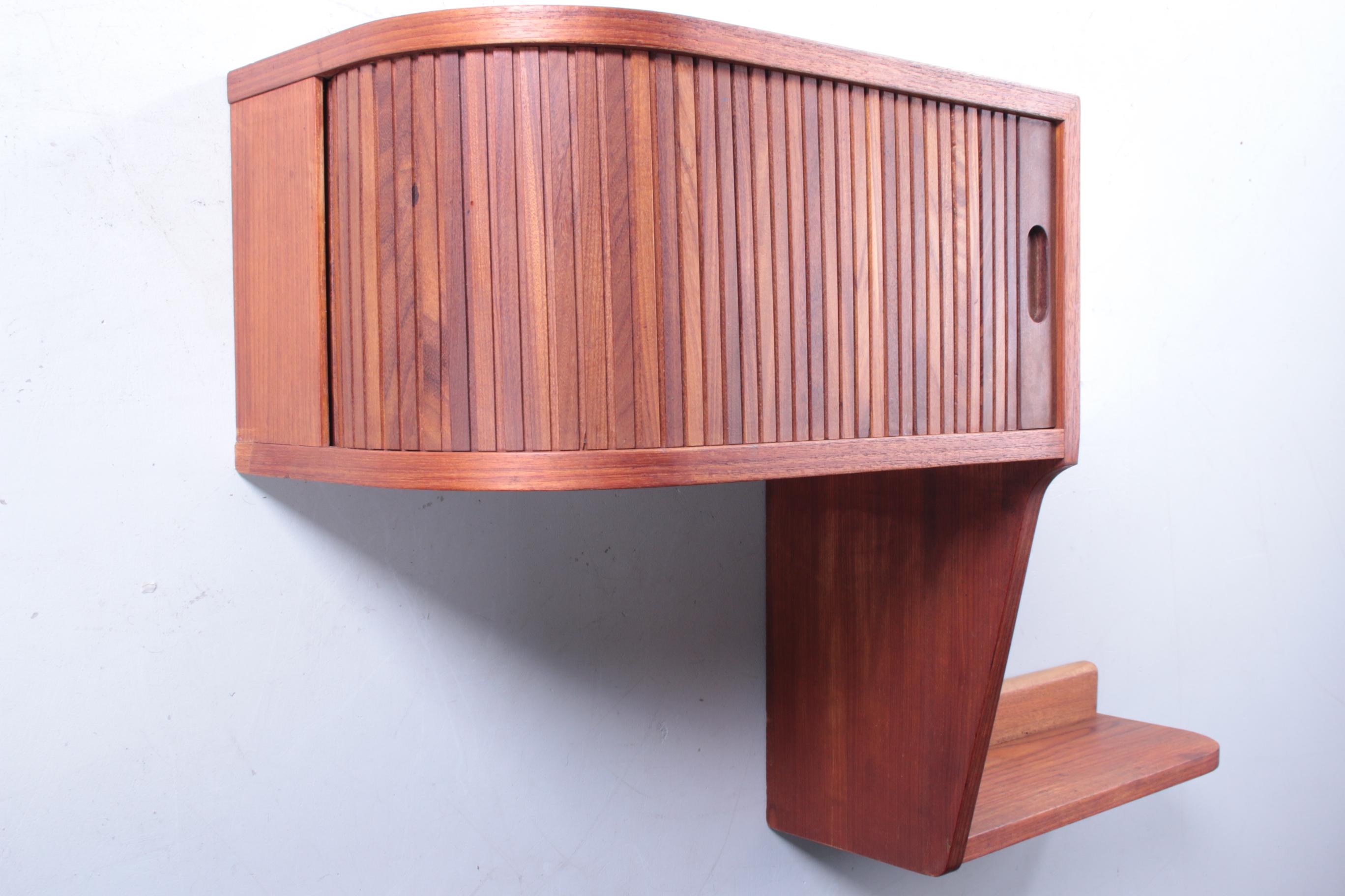 Teak Vintage Danish Floating Wall Cabinet with Roller Door, 1960s