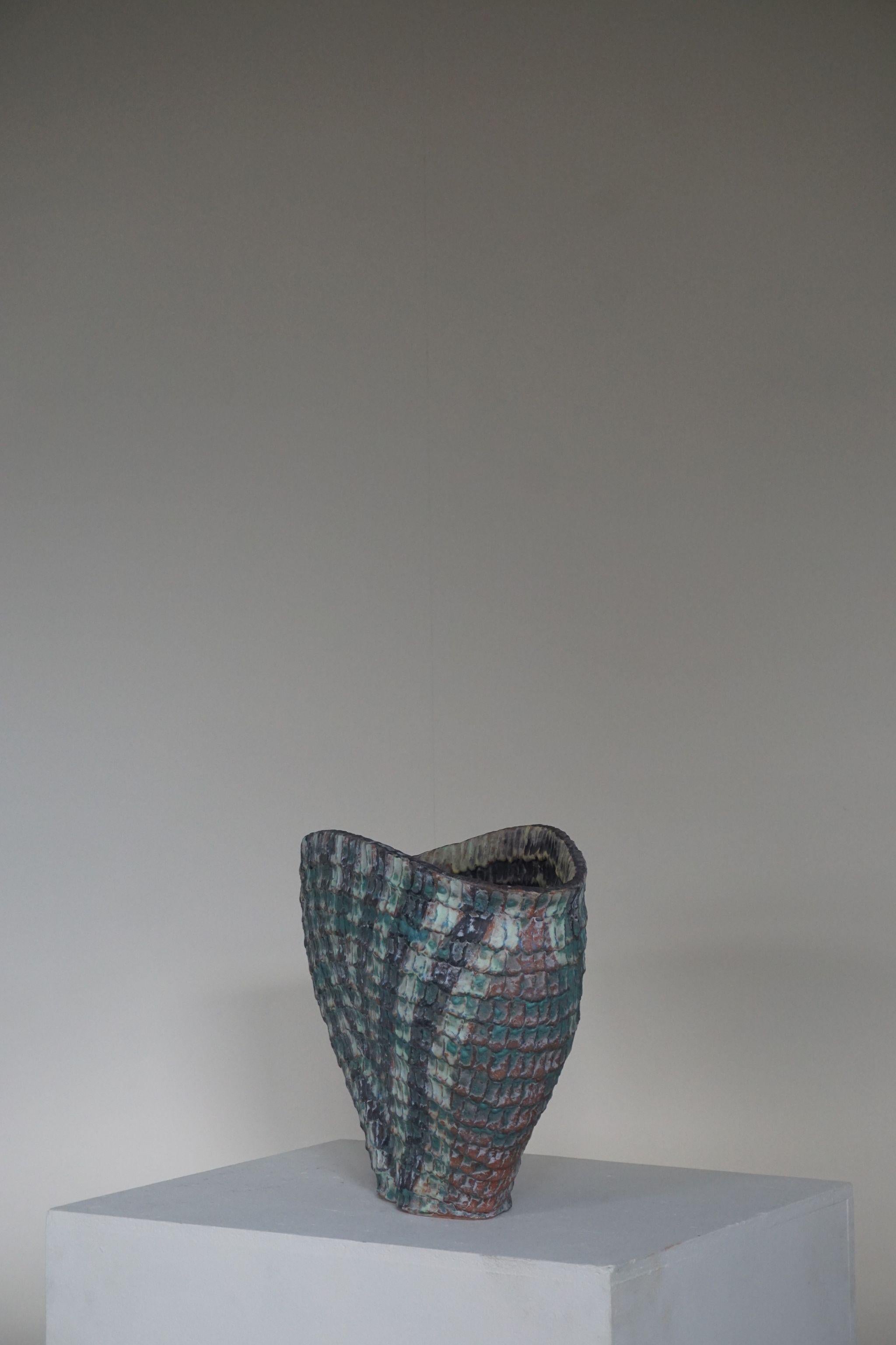 Vintage danish sculptural ceramic floor vase by artist Ole Victor, 1993. Glazed inside and out.