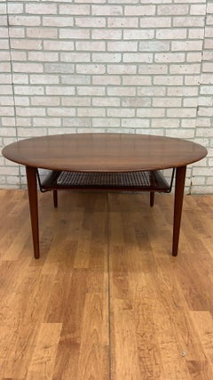 Vintage Danish France & Son Teak Coffee Table with Rattan Lower Shelf