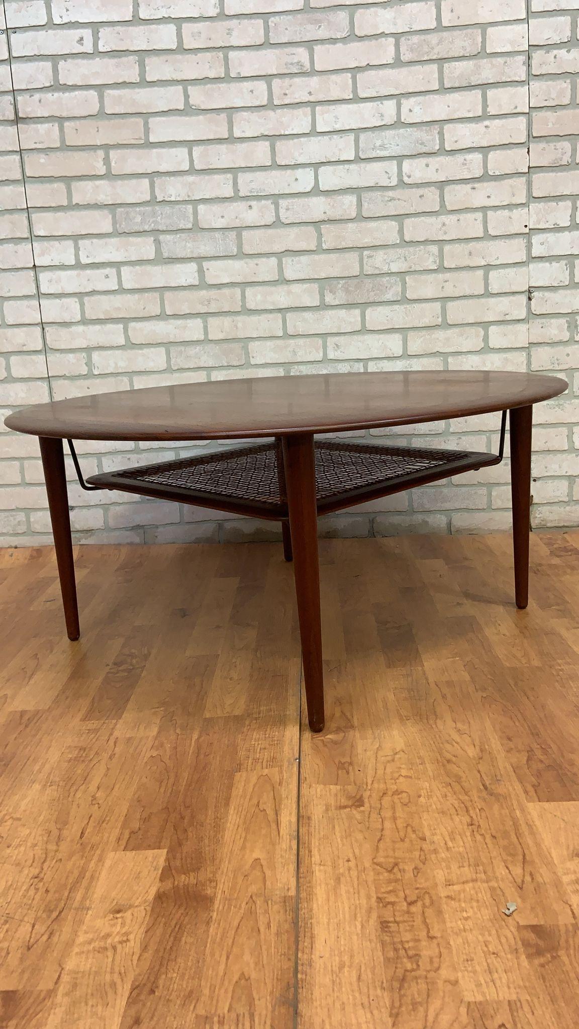 Vintage Danish France & Son Teak Coffee Table with Rattan Lower Shelf In Good Condition For Sale In Chicago, IL