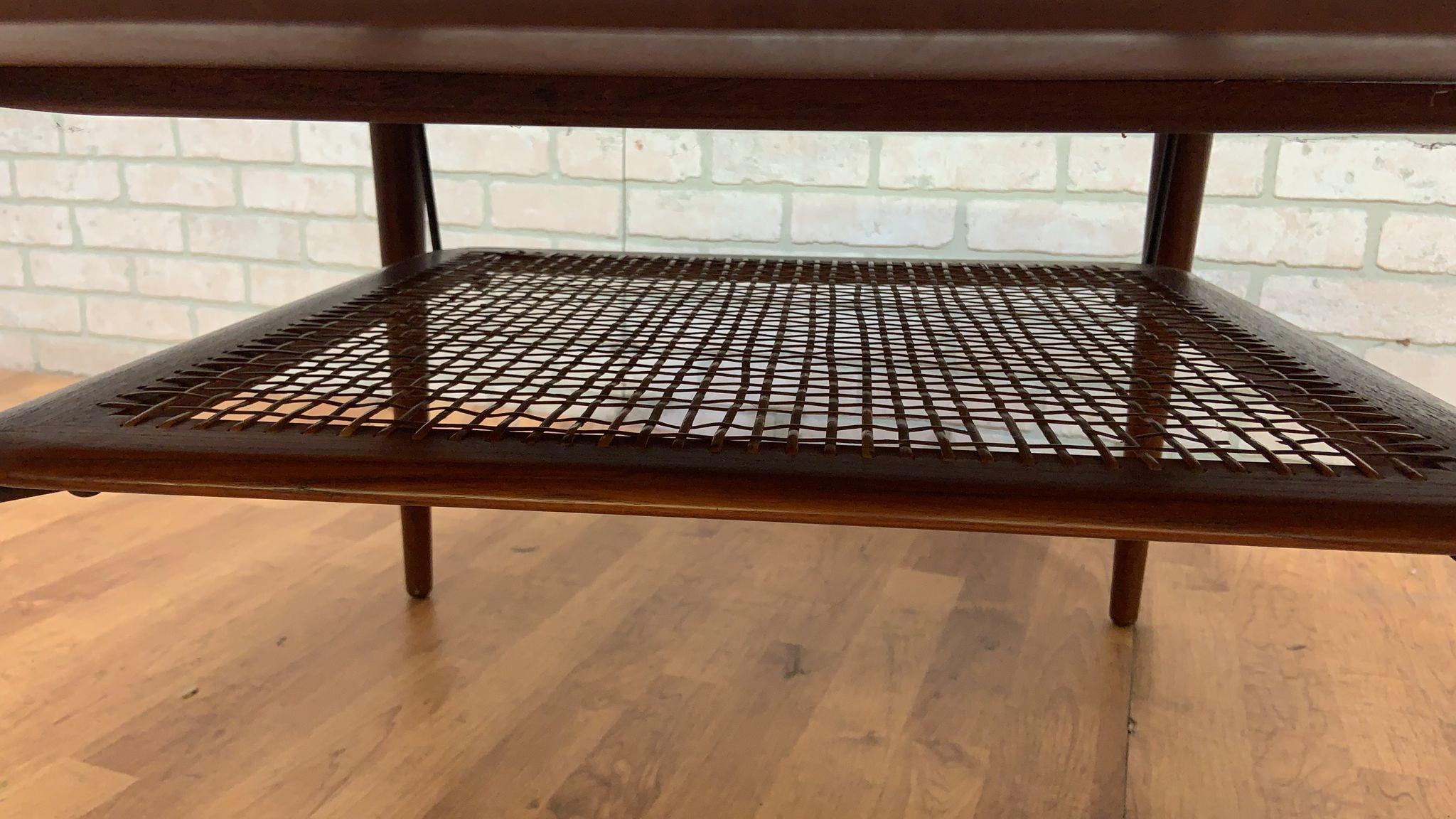 Mid-20th Century Vintage Danish France & Son Teak Coffee Table with Rattan Lower Shelf For Sale