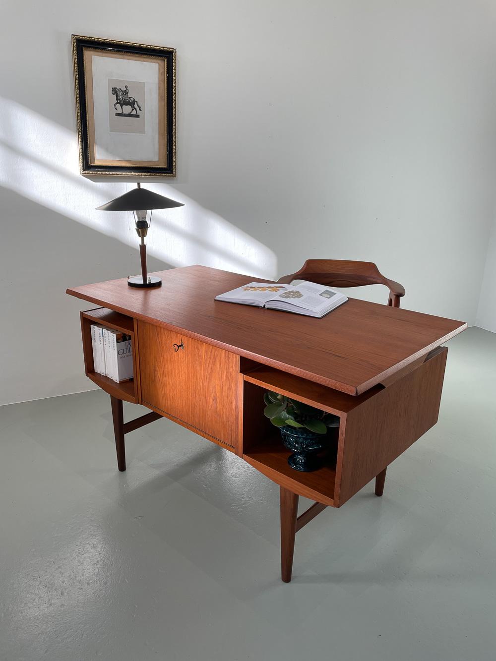 Vintage Danish Freestanding Teak Desk with Floating Top, 1960s. 9