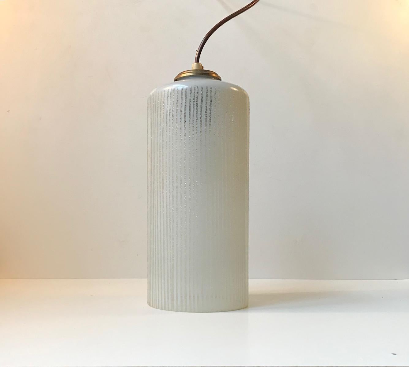 Mid-Century Modern Vintage Danish Functionalist Pendant Light in Pinstriped Glass from Voss, 1950s