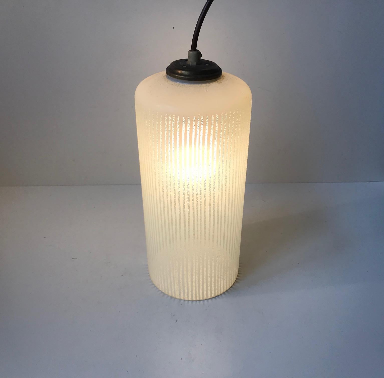 Vintage Danish Functionalist Pendant Light in Pinstriped Glass from Voss, 1950s 1