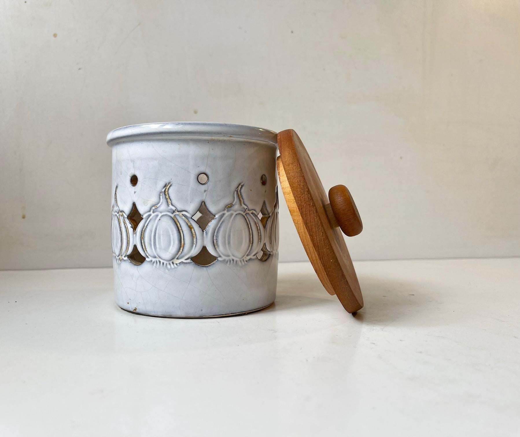 Mid-Century Modern Vintage Danish Garlic Jar in Cherry and White Glazed Ceramic For Sale