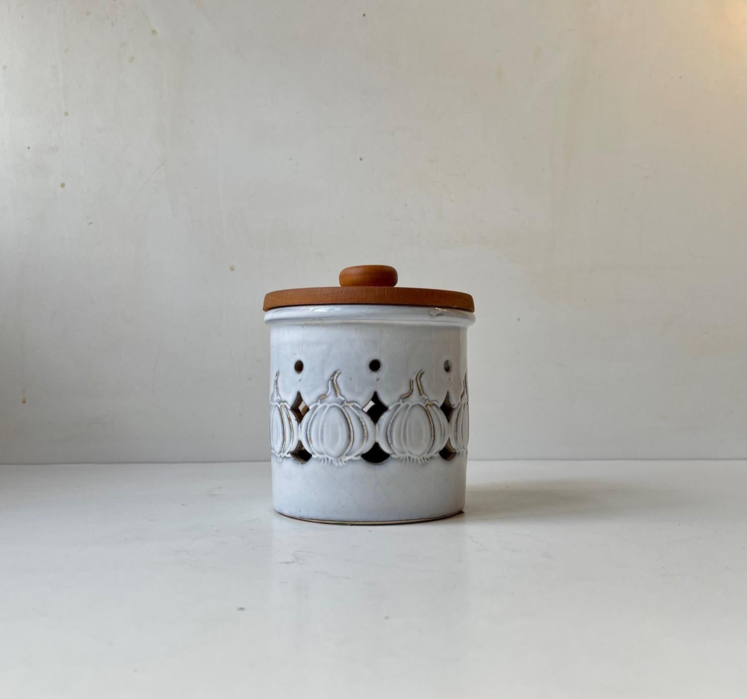 Late 20th Century Vintage Danish Garlic Jar in Cherry and White Glazed Ceramic For Sale