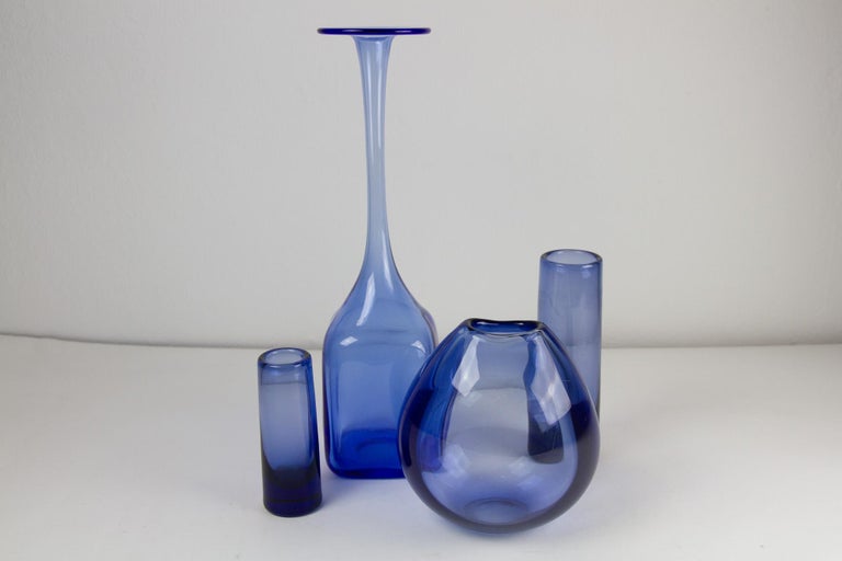 Vintage Danish Glass Vases "Sapphire Blue" by Holmegaard. Set of 4. For