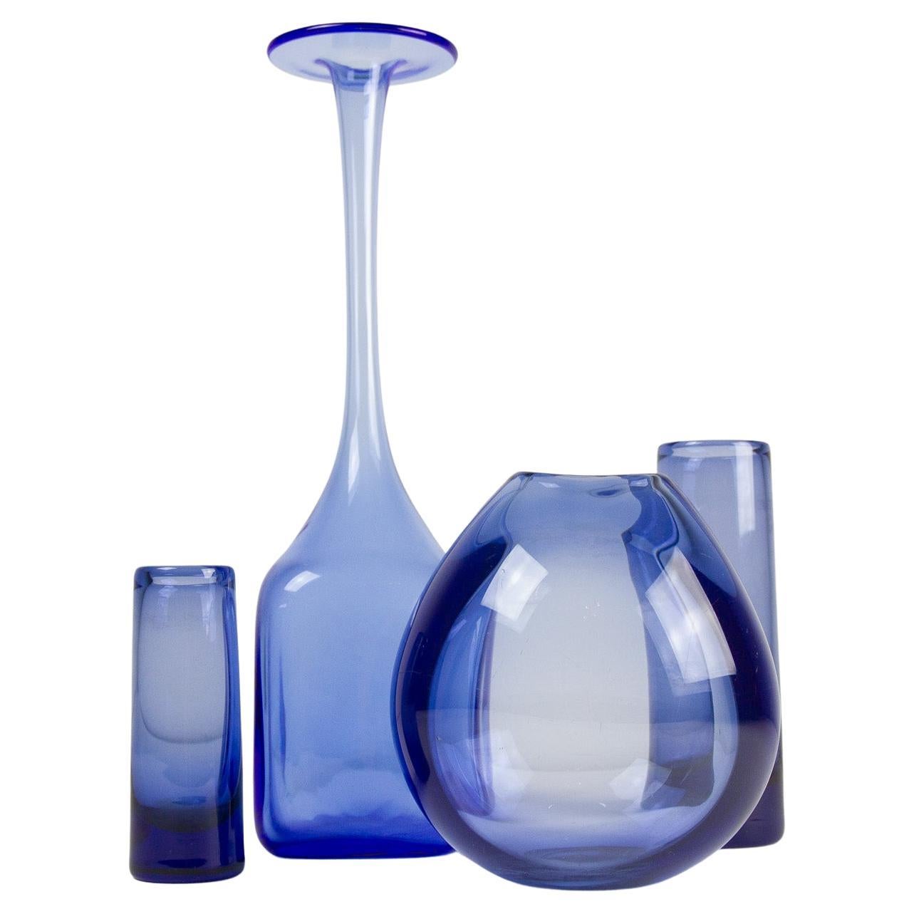 Vintage Danish Glass Vases "Sapphire Blue" by Holmegaard. Set of 4.