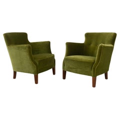 Vintage Danish Green Velvet Lounge Chairs, 1940s. Set of 2.