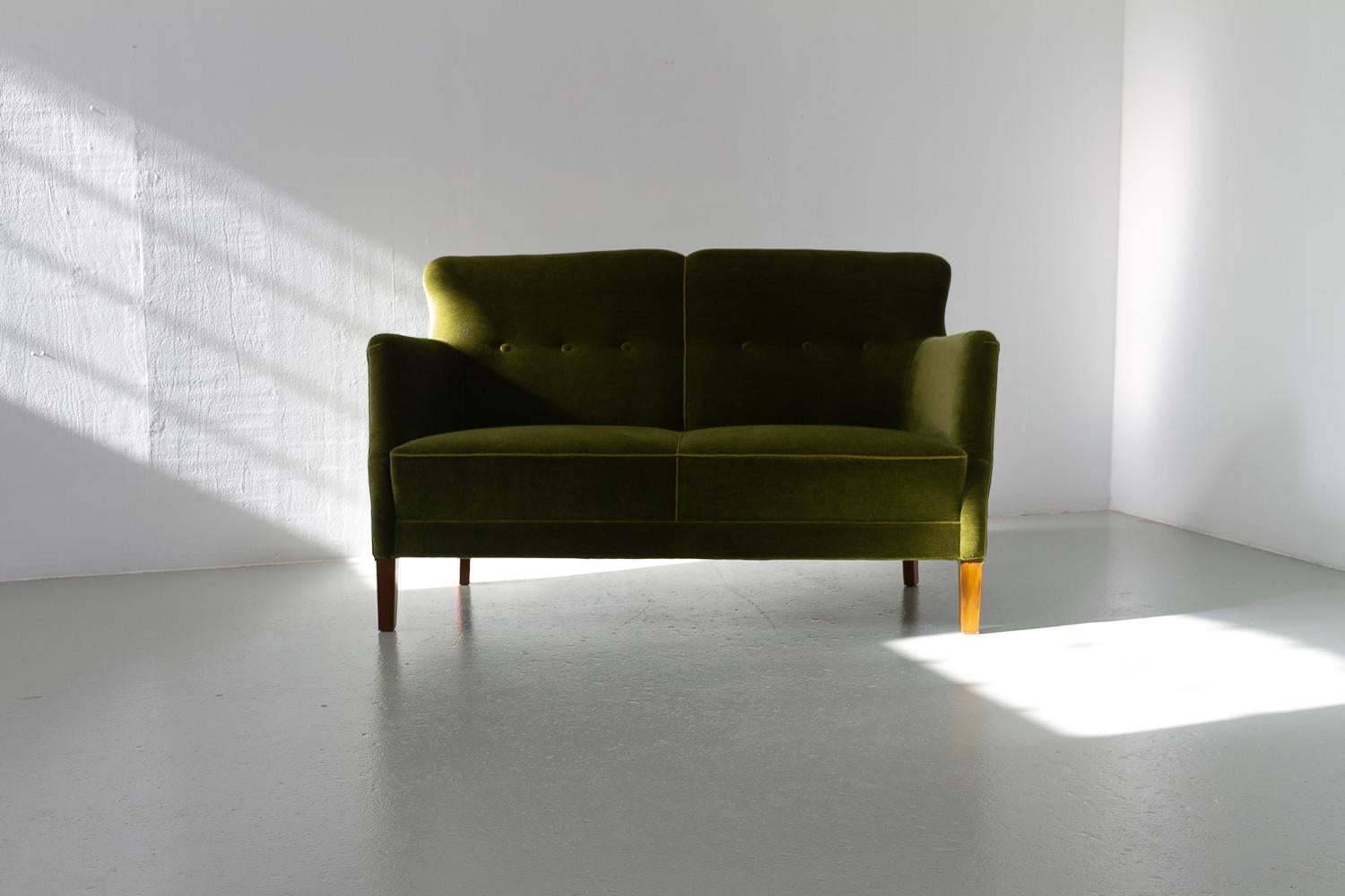 Vintage Danish Green Velvet Sofa, 1940s. 10