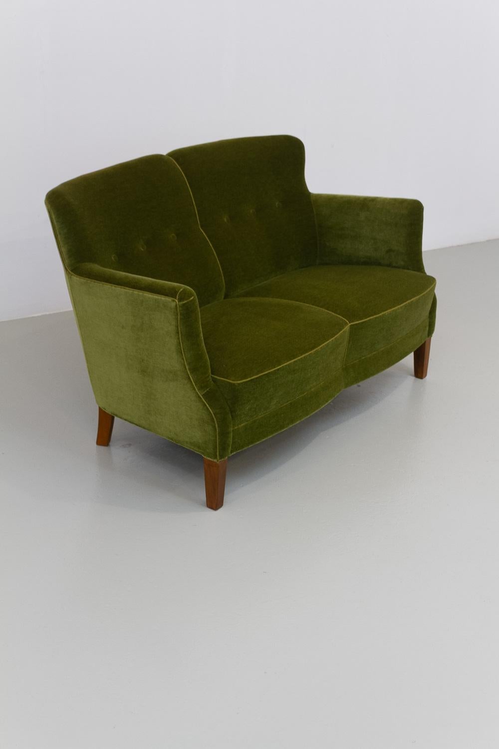 Mid-Century Modern Vintage Danish Green Velvet Sofa, 1940s.