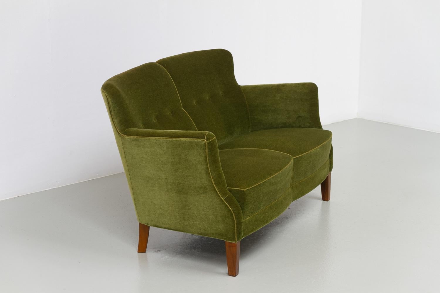 Vintage Danish Green Velvet Sofa, 1940s. 1