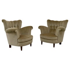 Vintage Danish Green Velvet Wingback Lounge Chairs, 1940s. Set of 2.