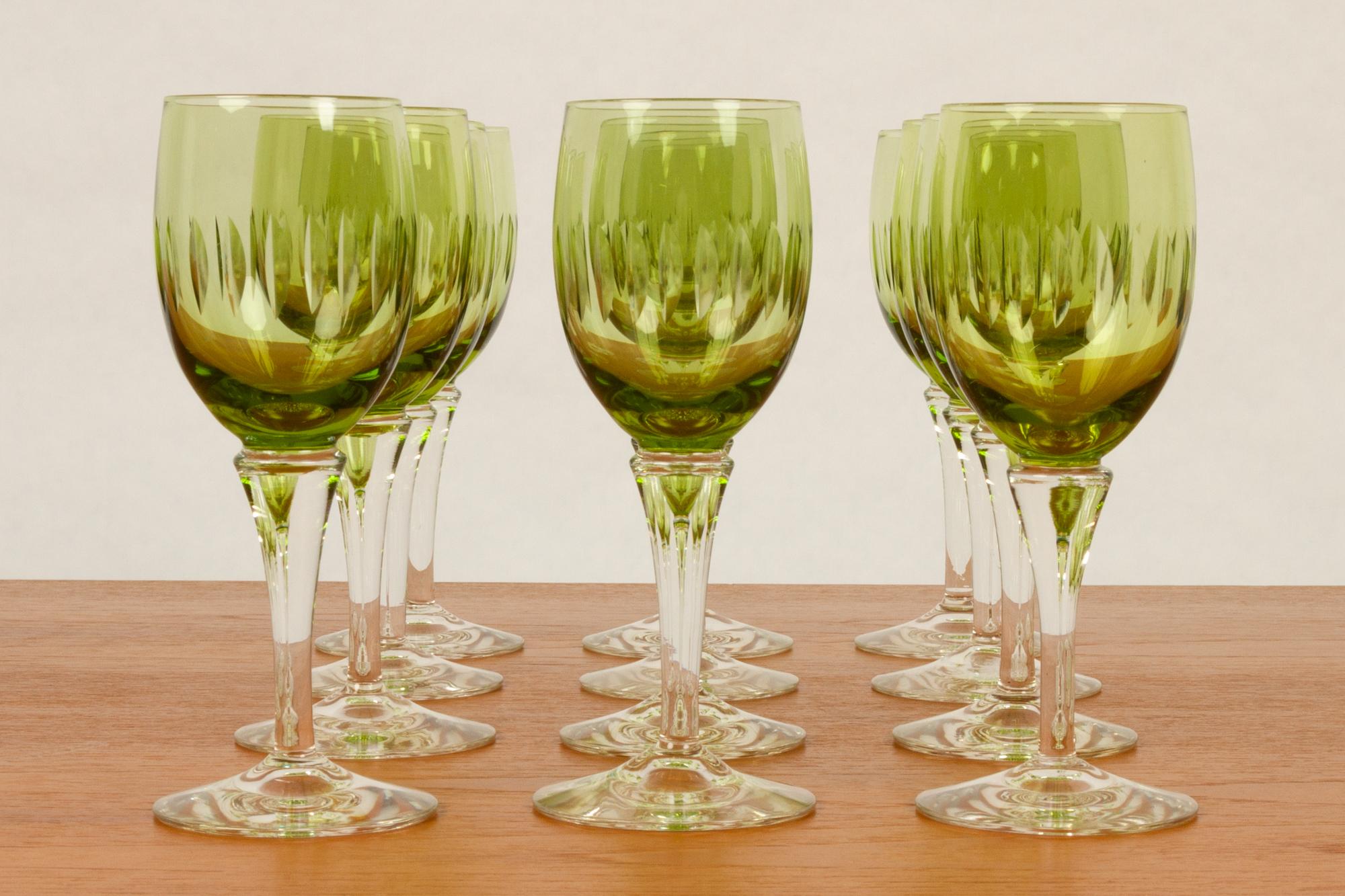 Mid-Century Modern Vintage Danish Green Wine Glasses Leonora 1960s Set of 12