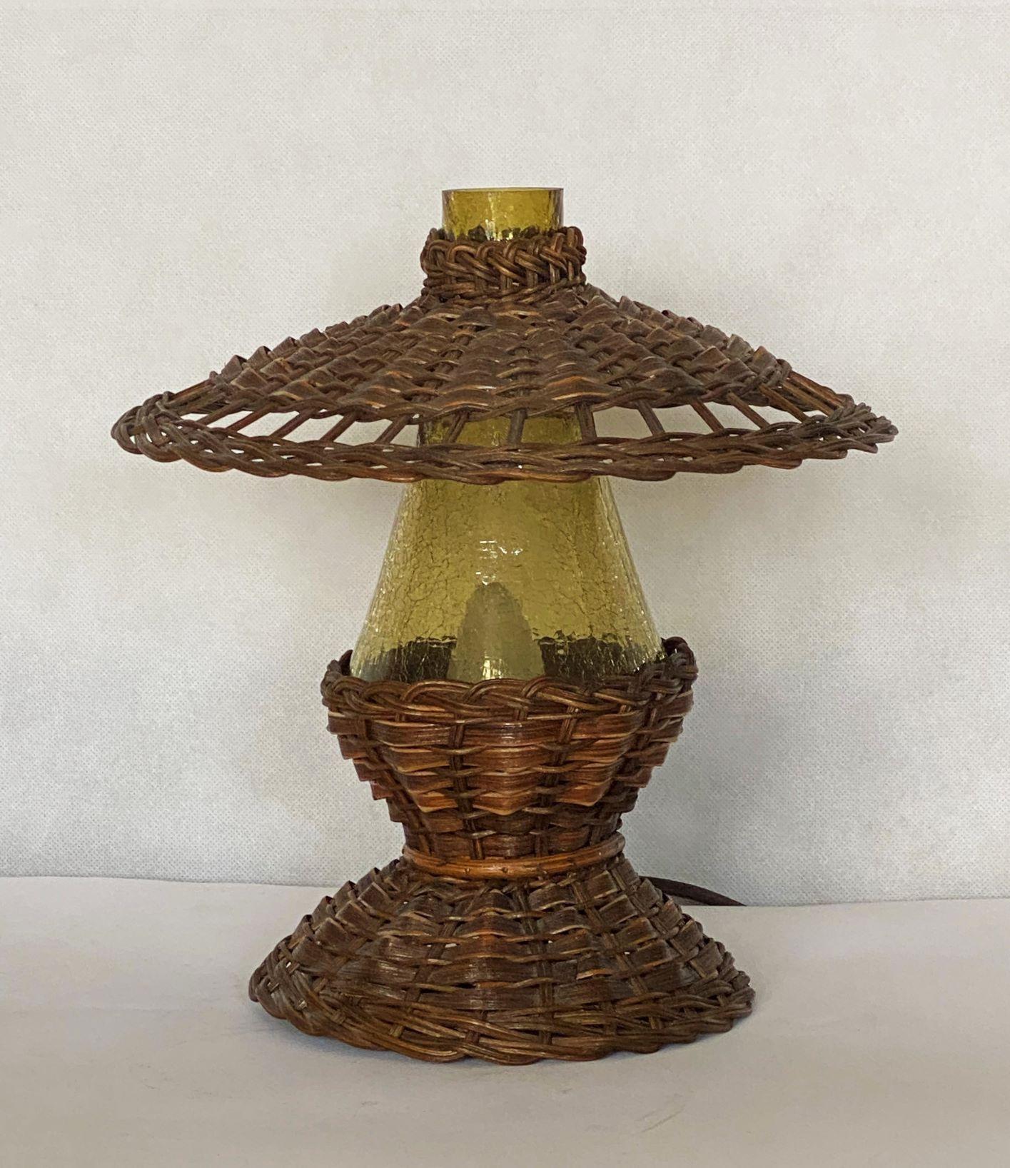 Mid-Century Modern Vintage Danish Handcrafted Rattan Glass Table Lamp, 1960s