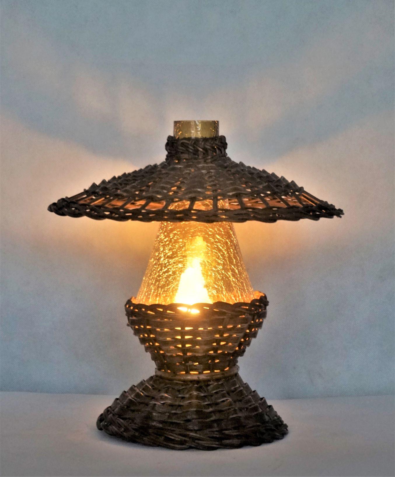 Vintage Danish Handcrafted Rattan Glass Table Lamp, 1960s In Good Condition In Frankfurt am Main, DE