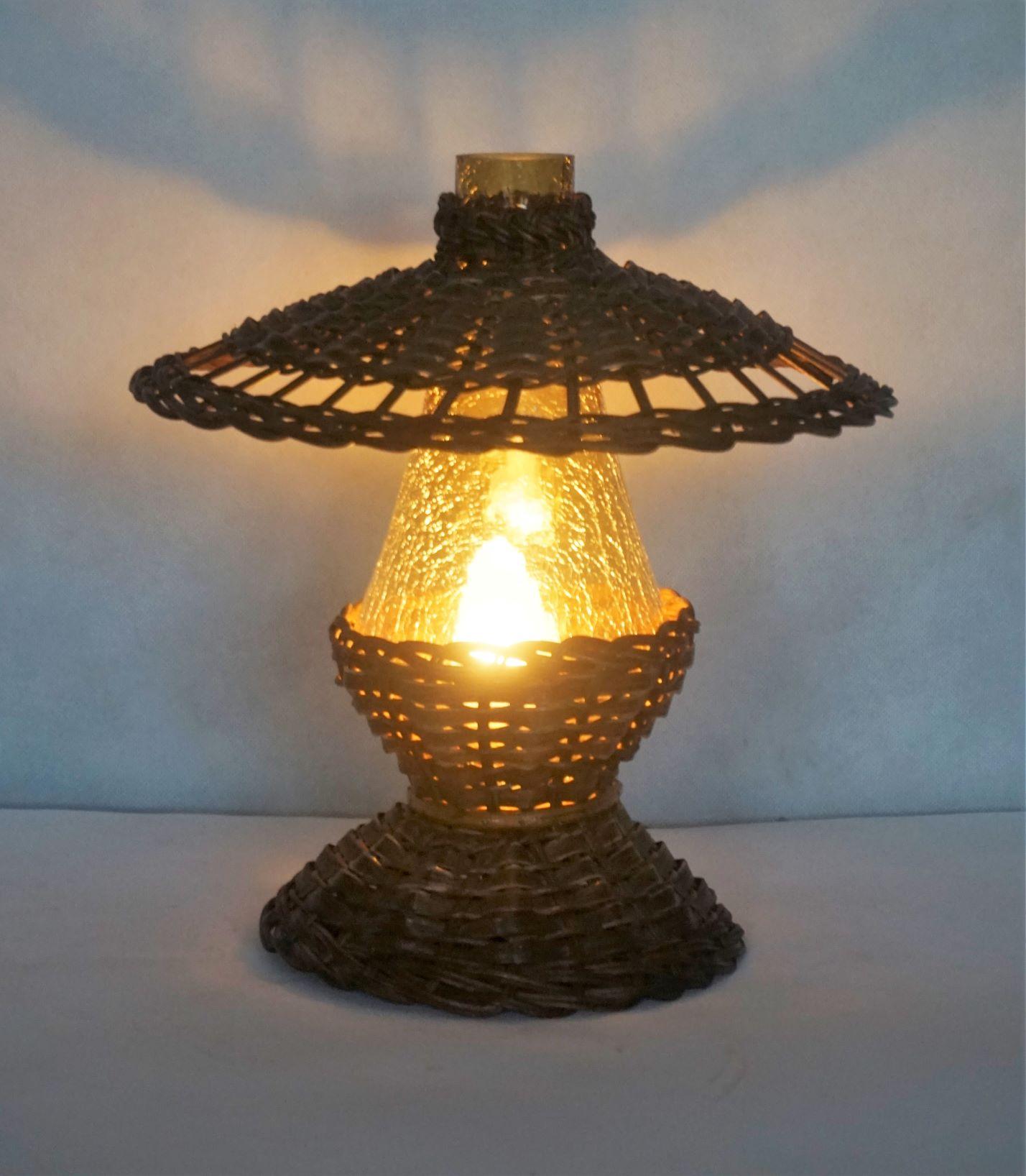 20th Century Vintage Danish Handcrafted Rattan Glass Table Lamp, 1960s