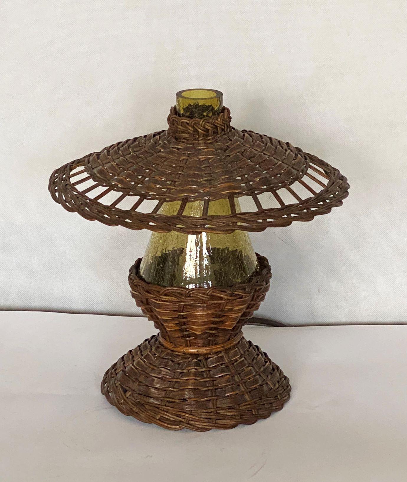 Vintage Danish Handcrafted Rattan Glass Table Lamp, 1960s 1