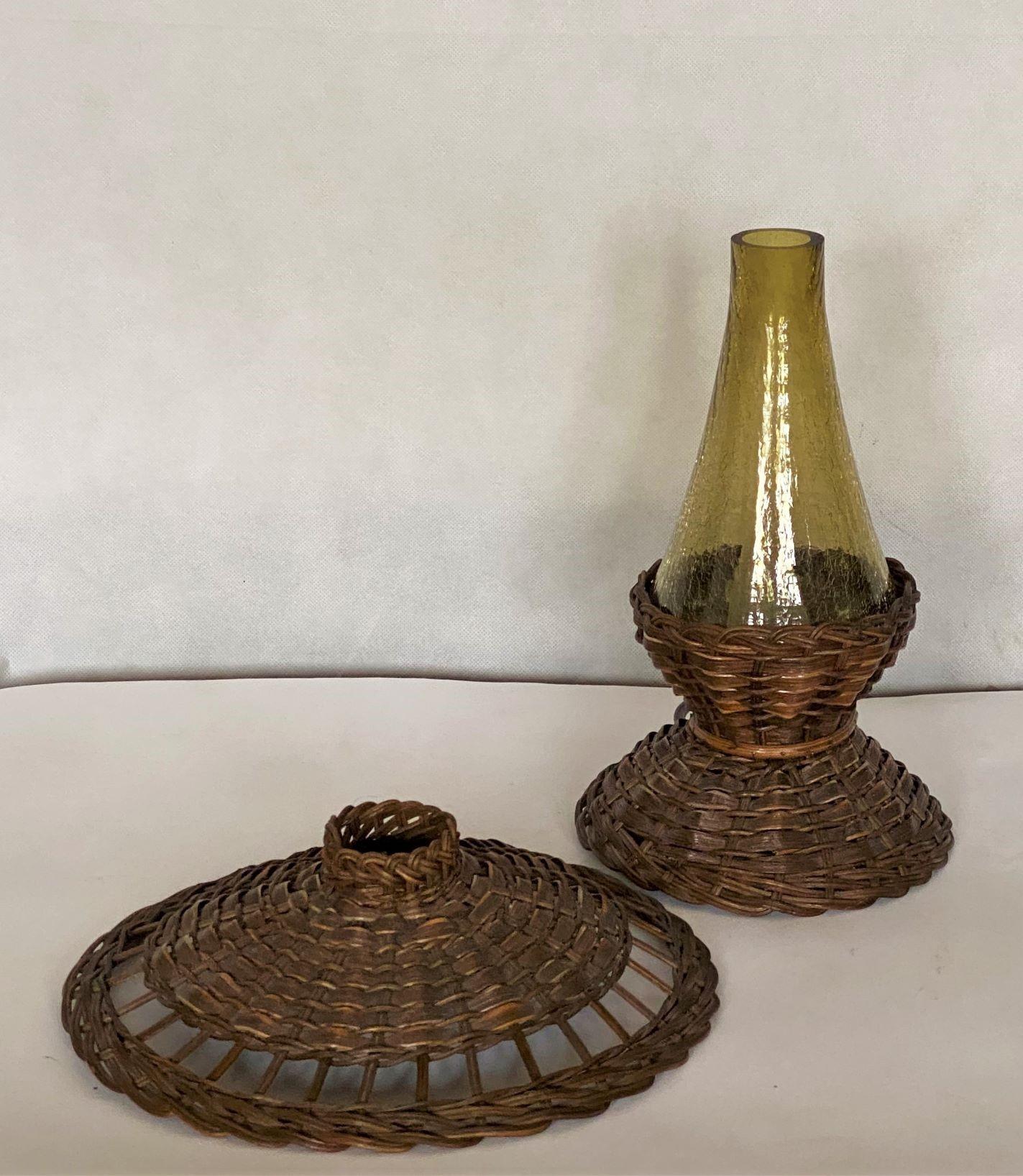 Vintage Danish Handcrafted Rattan Glass Table Lamp, 1960s 2
