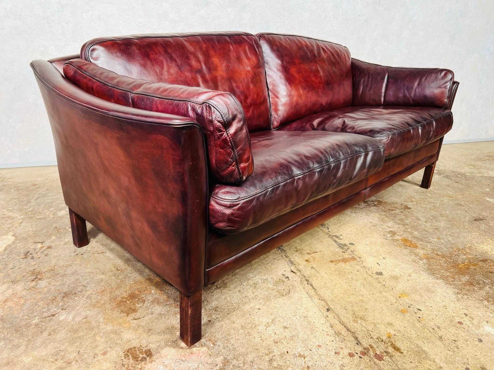 Vintage Danish Hans Mogensen 70 Patinated Chestnut 2.5 Seater Leather Sofa #672 3