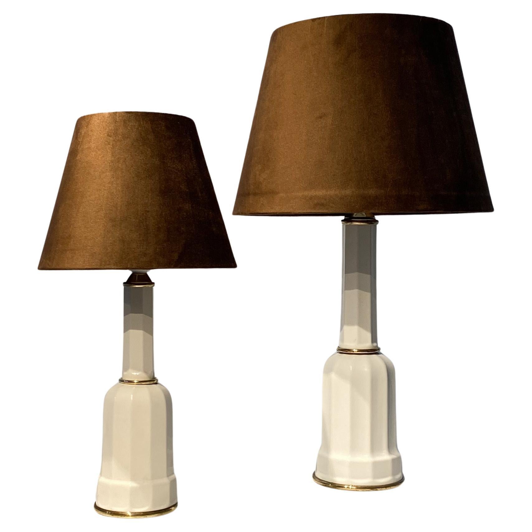 Lampes de table danoises Heiberg vintage, porcelaine et laiton