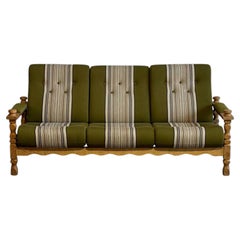 Vintage Danish Henning Kjærnulf Oak Sofa Green Striped Upholstery Mid Century