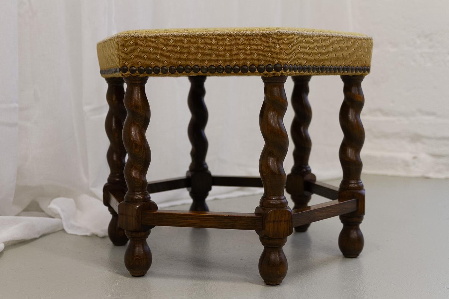 Baroque Vintage Danish Hexagonal Oak Stool, 1930s. For Sale