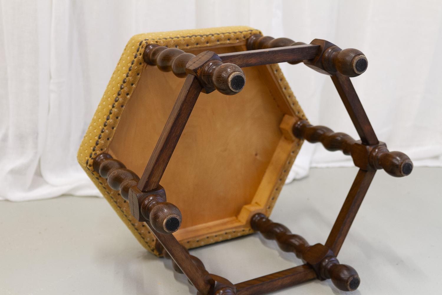 Vintage Danish Hexagonal Oak Stool, 1930s. For Sale 3