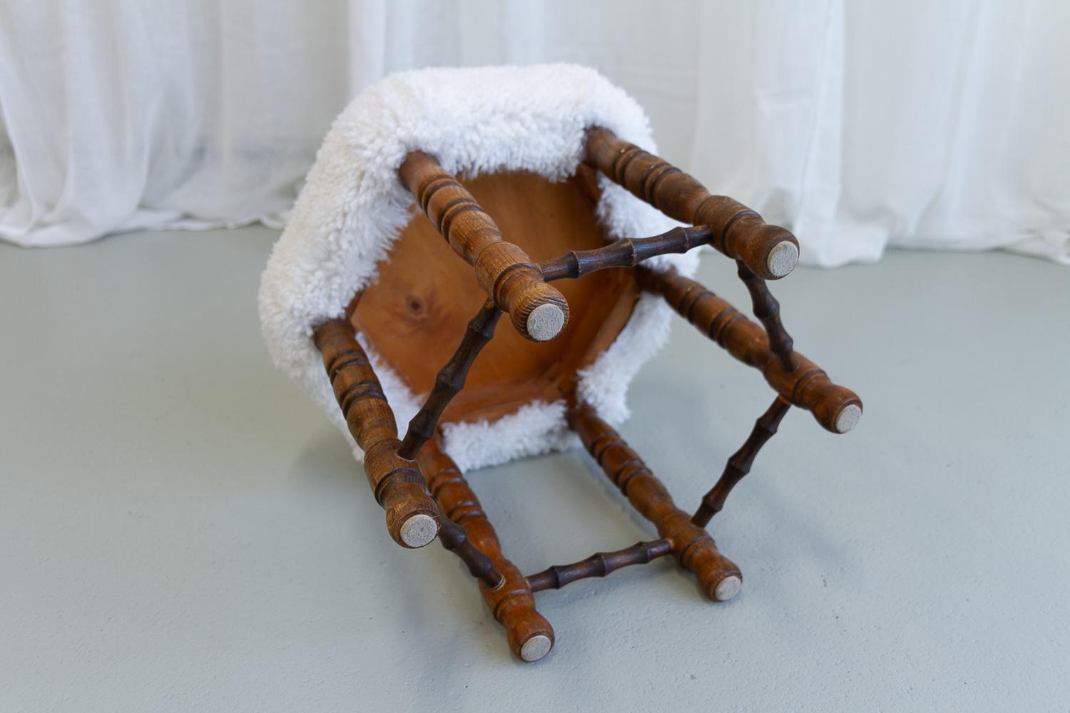 Vintage Danish Hexagonal Oak Stool with Lambswool, 1930s. For Sale 5