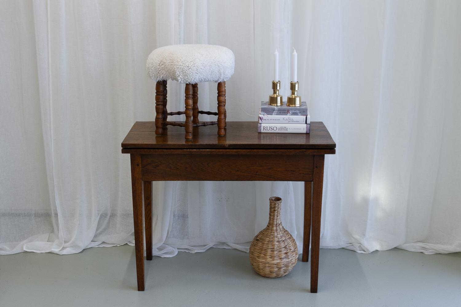 Vintage Danish Hexagonal Oak Stool with Lambswool, 1930s. For Sale 7