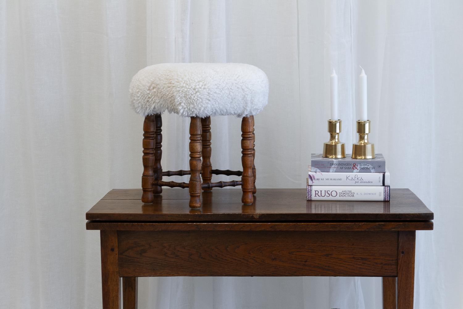 Vintage Danish Hexagonal Oak Stool with Lambswool, 1930s. For Sale 8