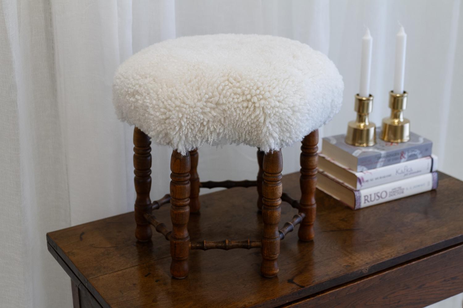 Vintage Danish Hexagonal Oak Stool with Lambswool, 1930s. For Sale 9