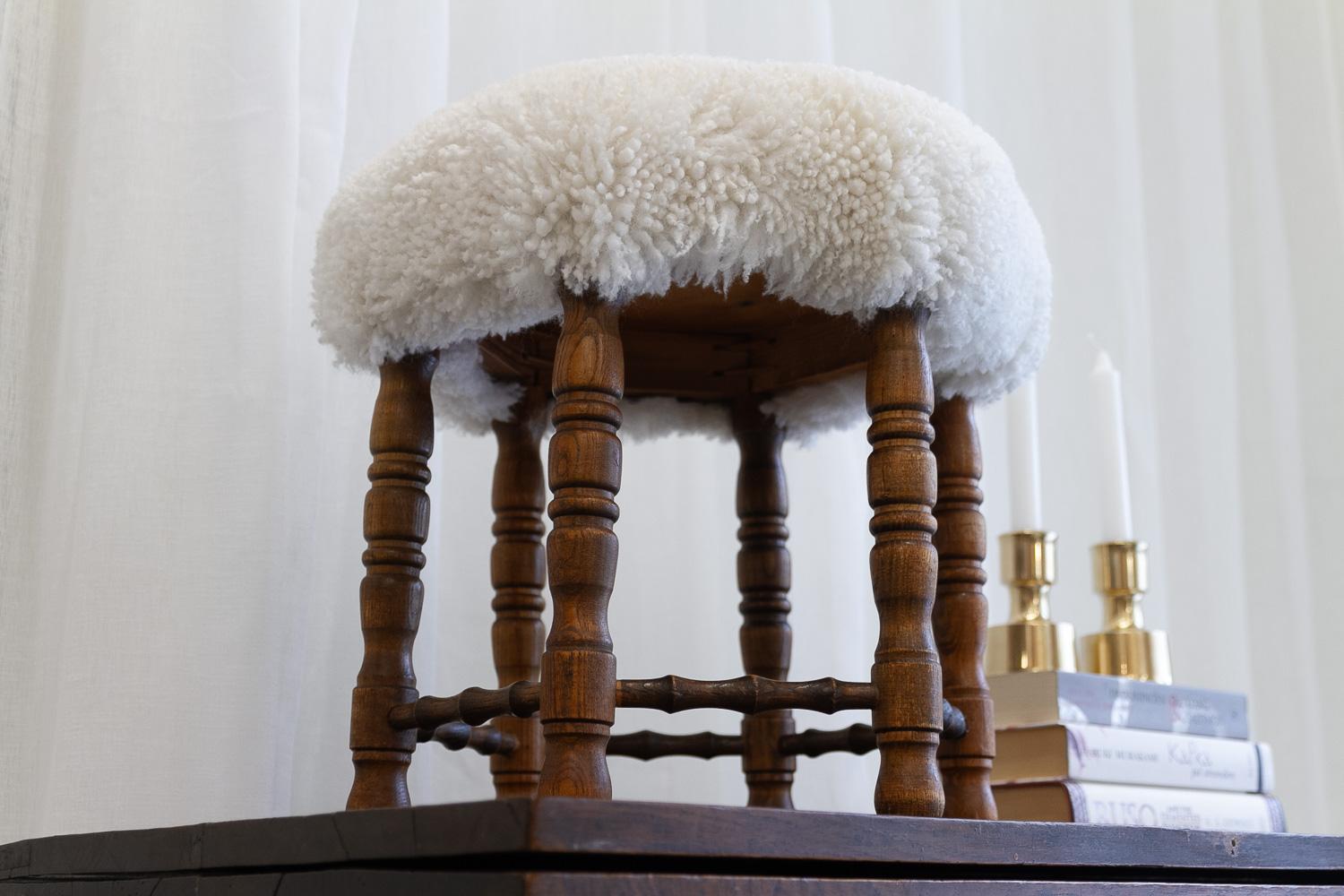 Vintage Danish Hexagonal Oak Stool with Lambswool, 1930s. For Sale 10