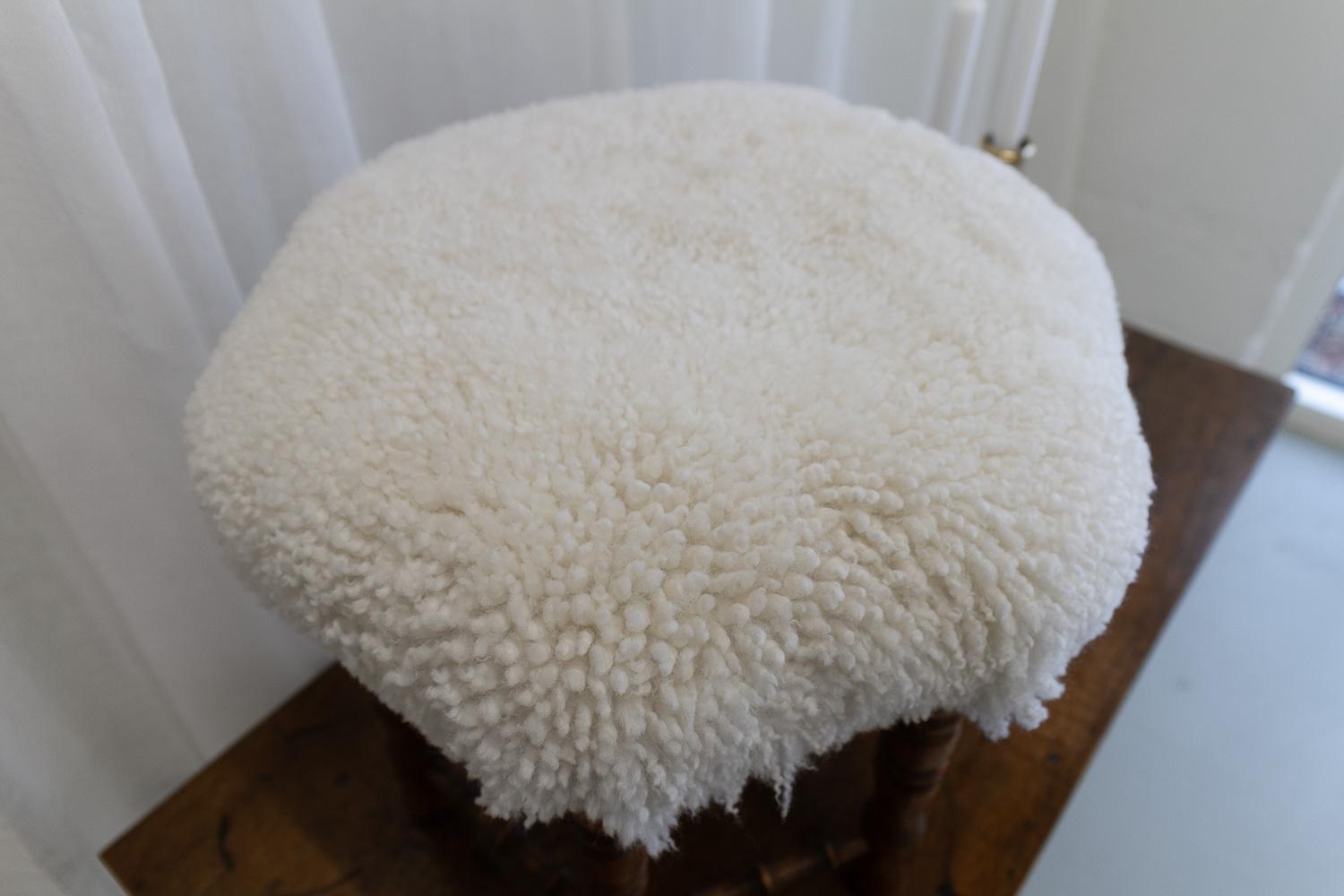 Vintage Danish Hexagonal Oak Stool with Lambswool, 1930s. For Sale 11