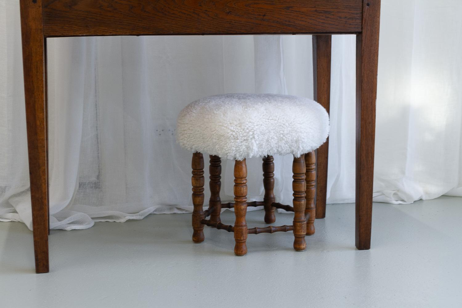 Vintage Danish Hexagonal Oak Stool with Lambswool, 1930s. For Sale 12