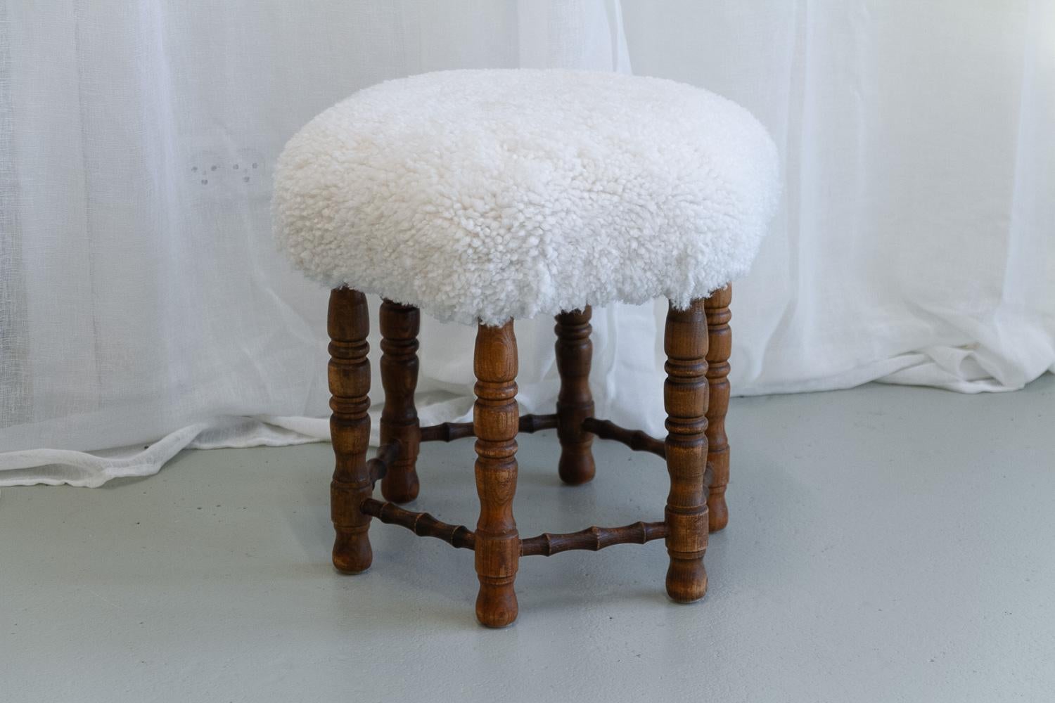 Baroque Vintage Danish Hexagonal Oak Stool with Lambswool, 1930s. For Sale