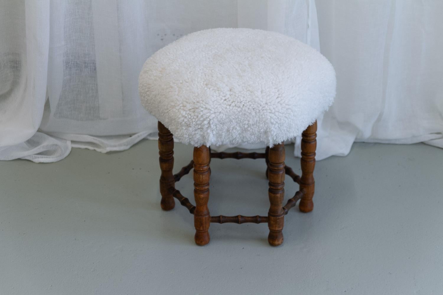 Mid-20th Century Vintage Danish Hexagonal Oak Stool with Lambswool, 1930s. For Sale