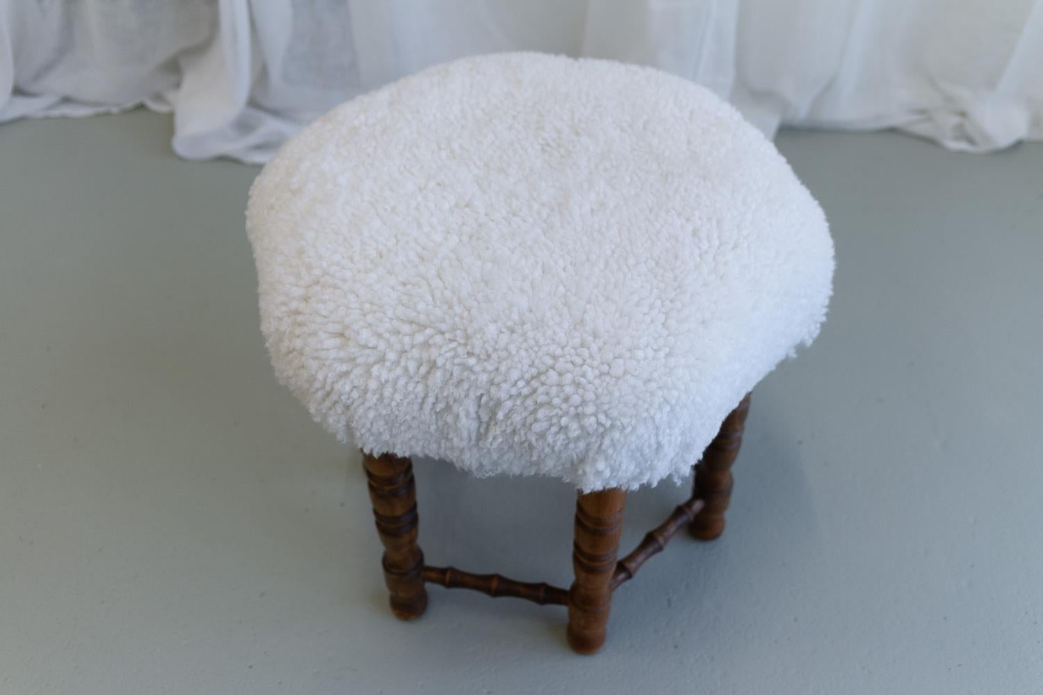 Lambskin Vintage Danish Hexagonal Oak Stool with Lambswool, 1930s. For Sale