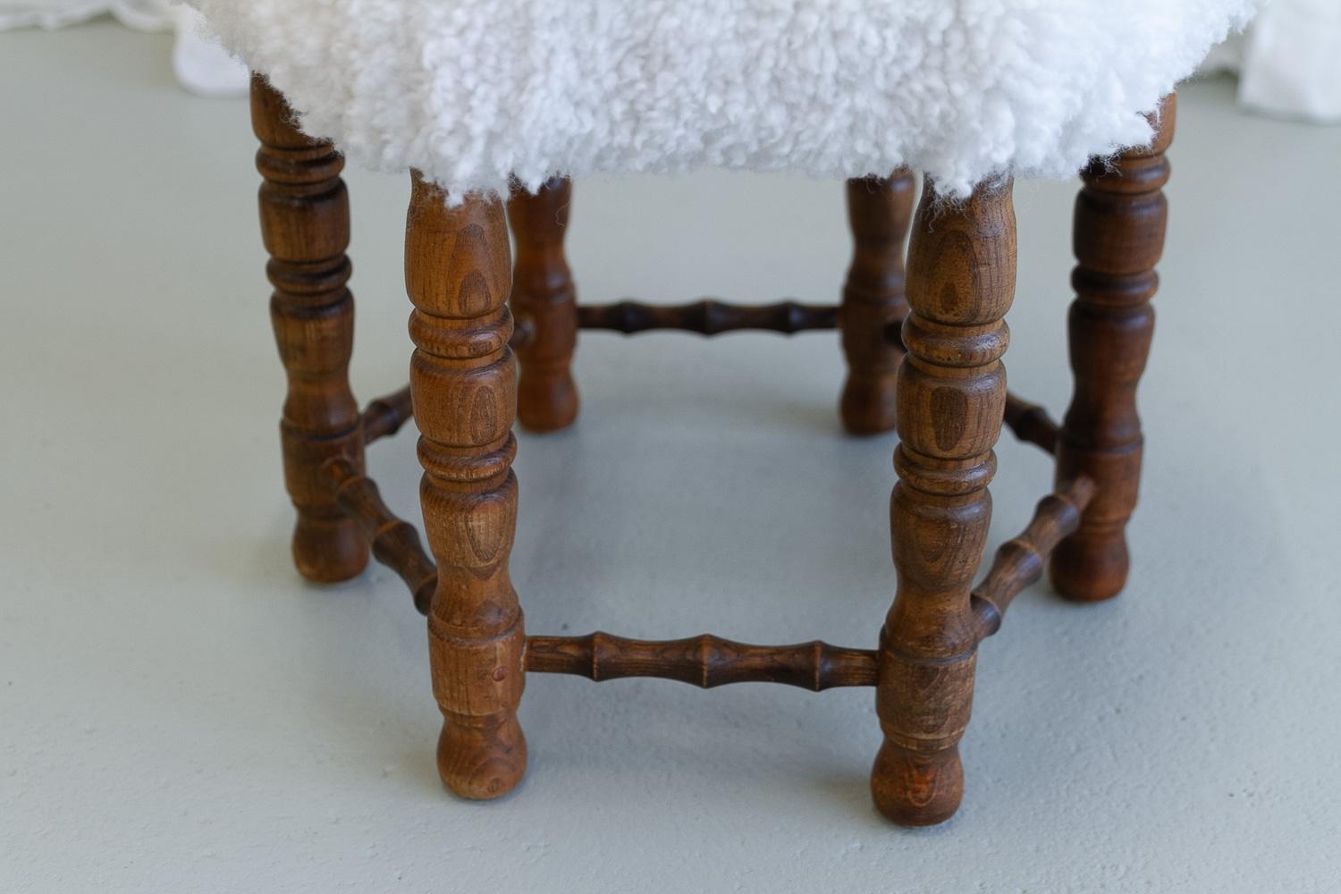 Vintage Danish Hexagonal Oak Stool with Lambswool, 1930s. For Sale 2