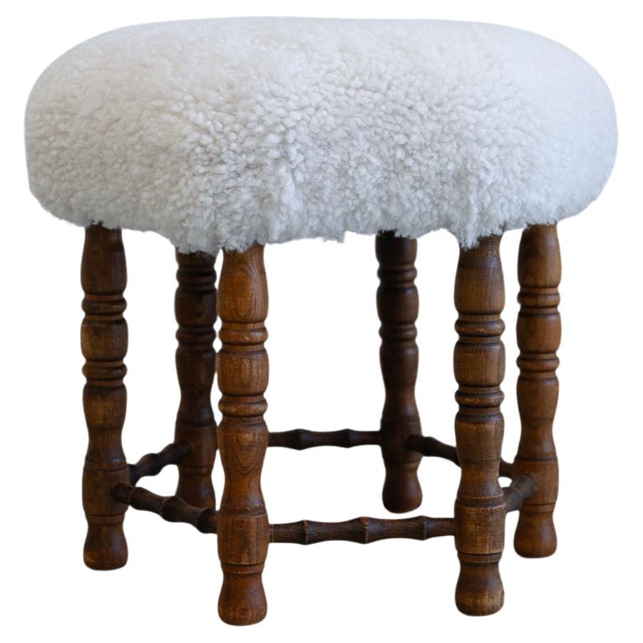 Vintage Danish Hexagonal Oak Stool with Lambswool, 1930s. For Sale