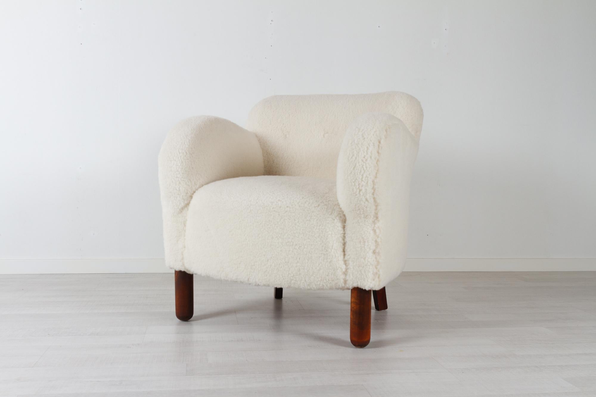 Scandinavian Modern Vintage Danish Lambswool Lounge Chair 1940s