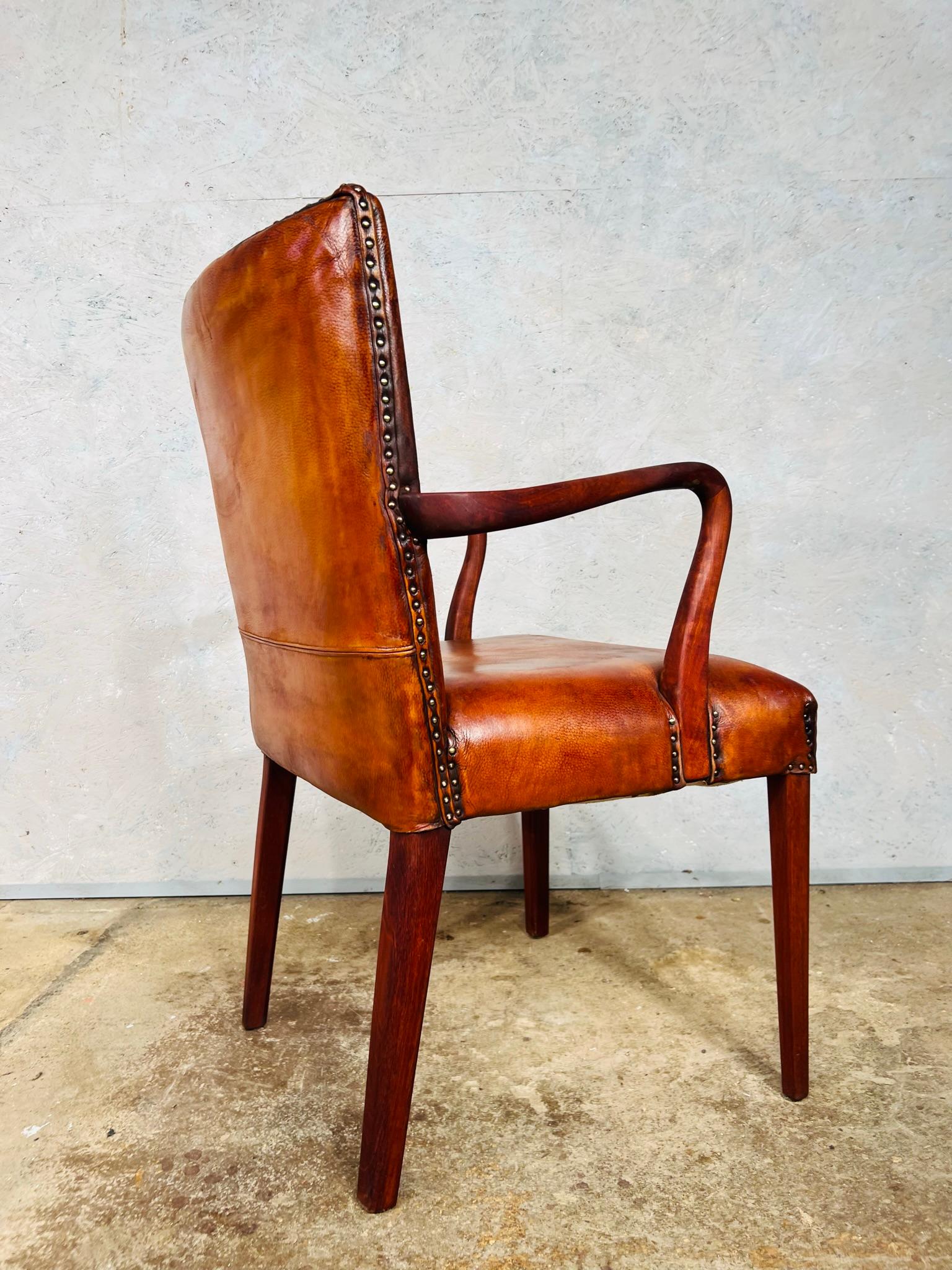 Vintage Danish Leather Desk Chair Solid Teak Frame Cognac #741 6
