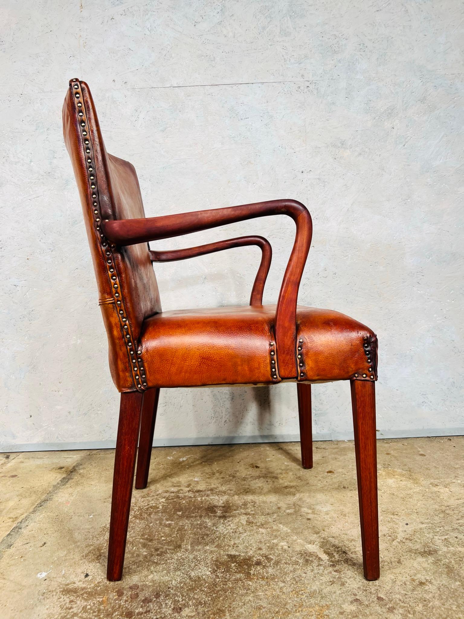 Vintage Danish Leather Desk Chair Solid Teak Frame Cognac #741 7