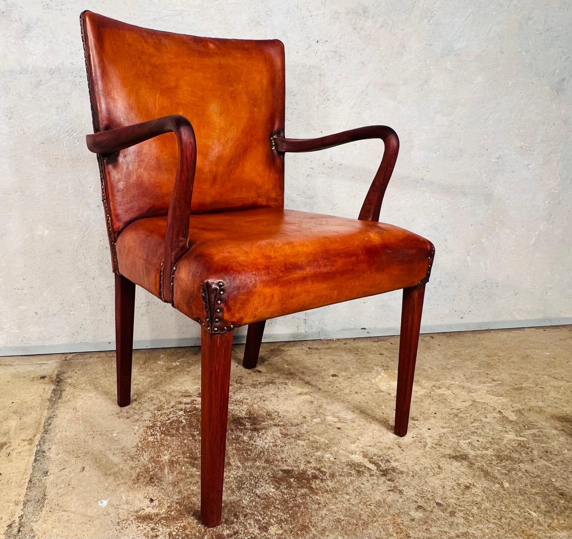 Vintage Danish Leather Desk Chair Solid Teak Frame Cognac #741 In Good Condition In Lewes, GB