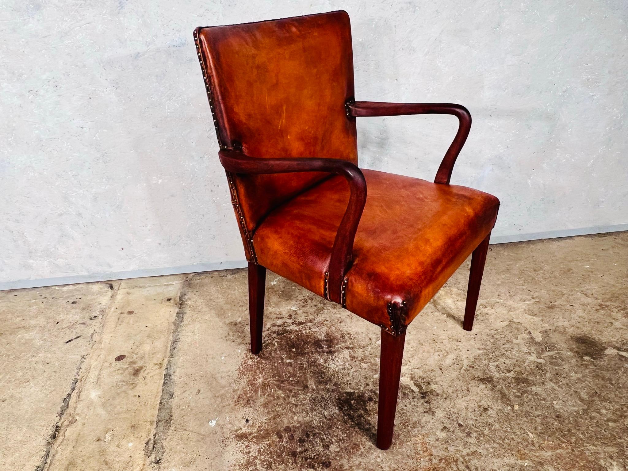 20th Century Vintage Danish Leather Desk Chair Solid Teak Frame Cognac #741